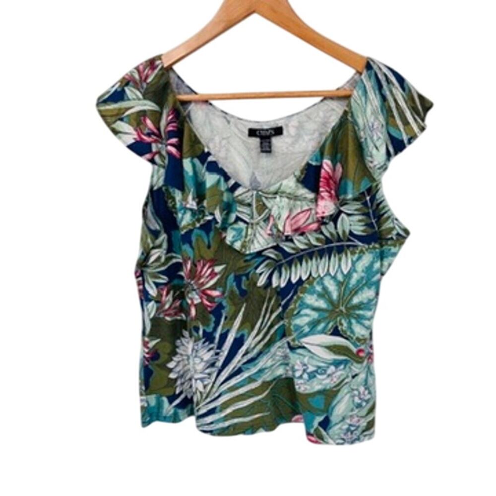 Chaps Tropical Beachy Tank Blouse Womens Petite XL Cotton‎ Ruffle Collar NEW